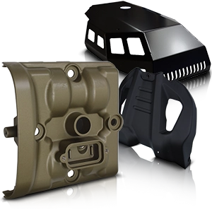 Motorcycle engine protection covers made of metal and plastic in various designs.